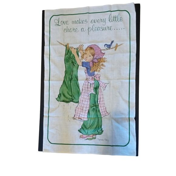 Irish Linen Cotton Sarah Kay Tea Towel Love Chores Retro Girl Bluebird 70s - Picture 2 of 7